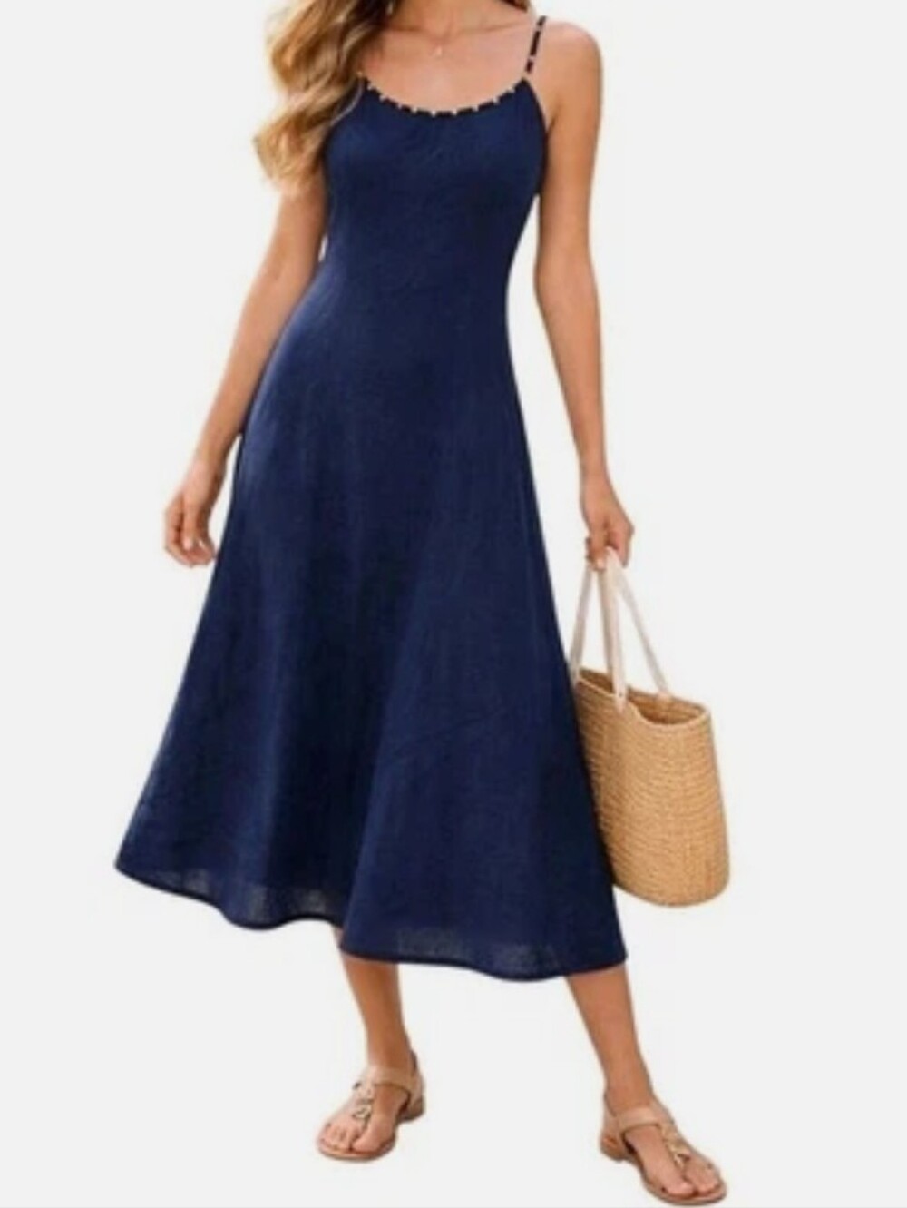 Calypso St. Barth Navy Linen Blend Beaded Midi Maxi Dress Size Medium - Picture 1 of 5